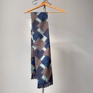 ❄️ Vintage Blue Green Burgundy Preppy Plaid  Long Fringed Silky Scarf